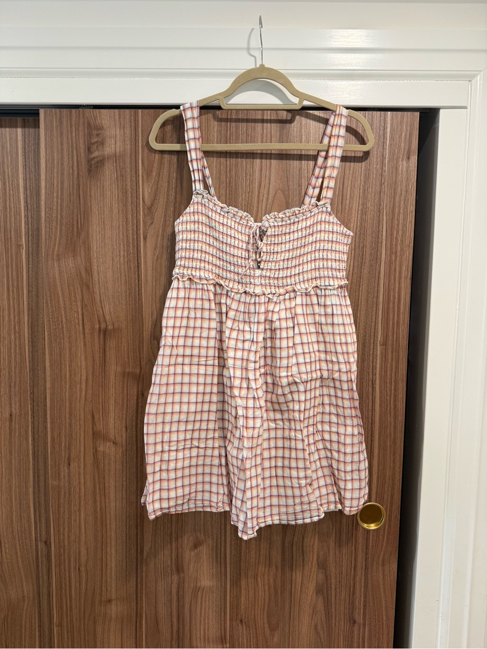 American Eagle Outfitters Pink and White Plaid Smocked Sundress M
